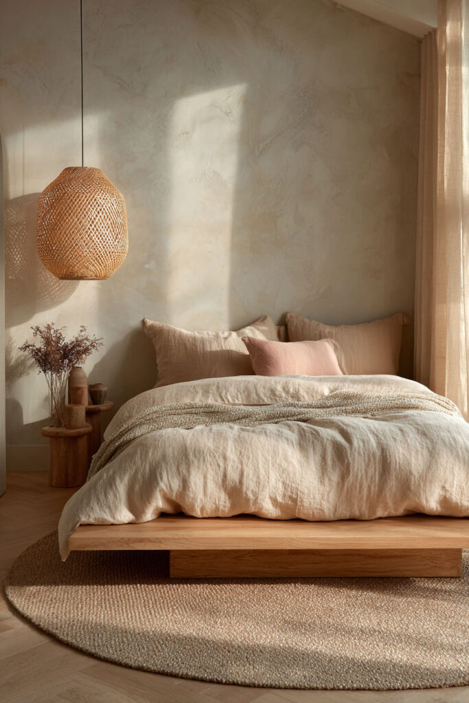 Japandi bedroom with woven pendant light, neutral linen bedding, plaster wall, and soft natural sunlight