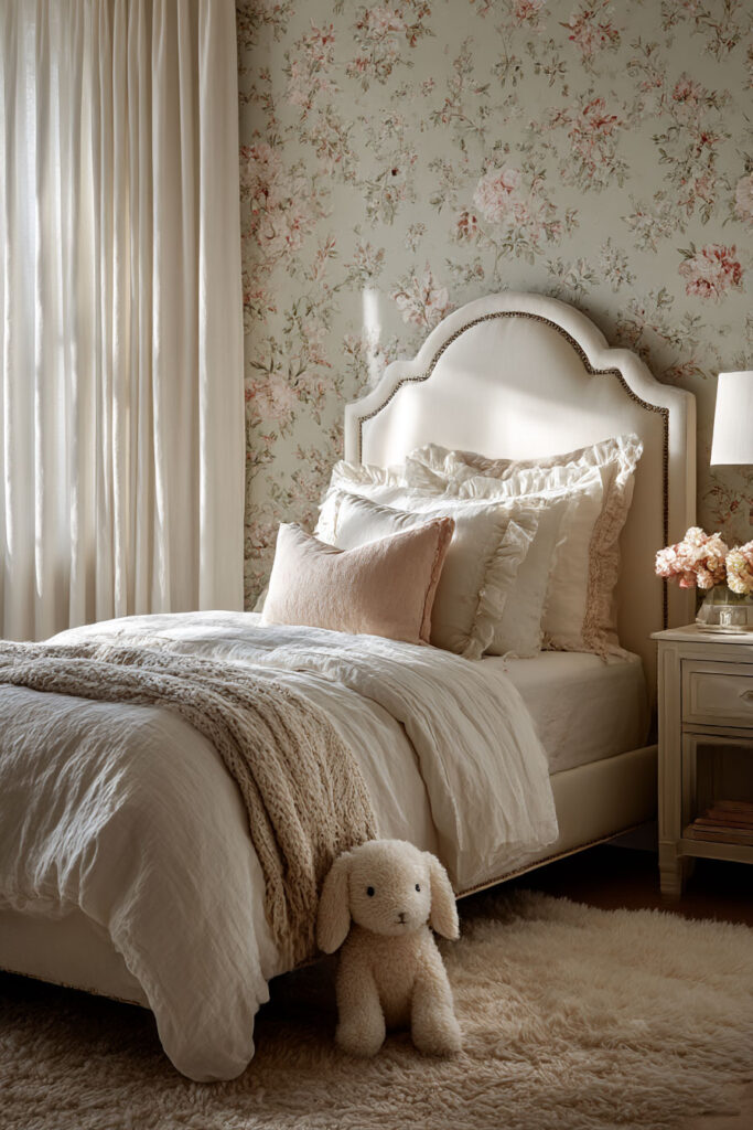 Little girls bedroom with floral wallpaper, soft neutral bedding, ruffled pillows, and plush bunny toy on a cozy rug.