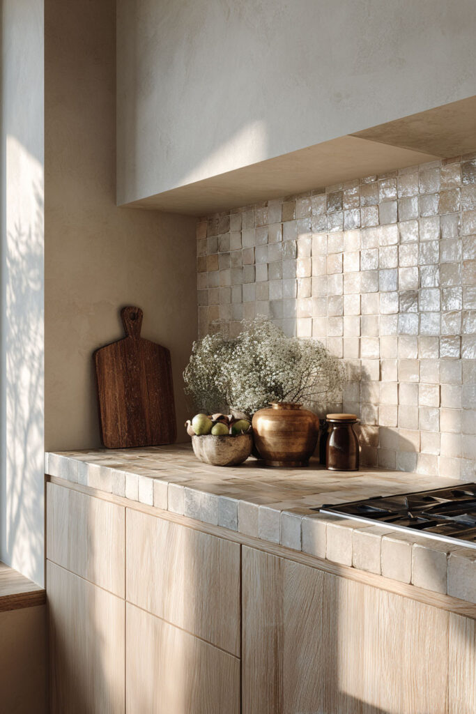 minimal kitchen backsplash with handmade neutral tiles and light wood cabinets, organic modern kitchen with warm tones
