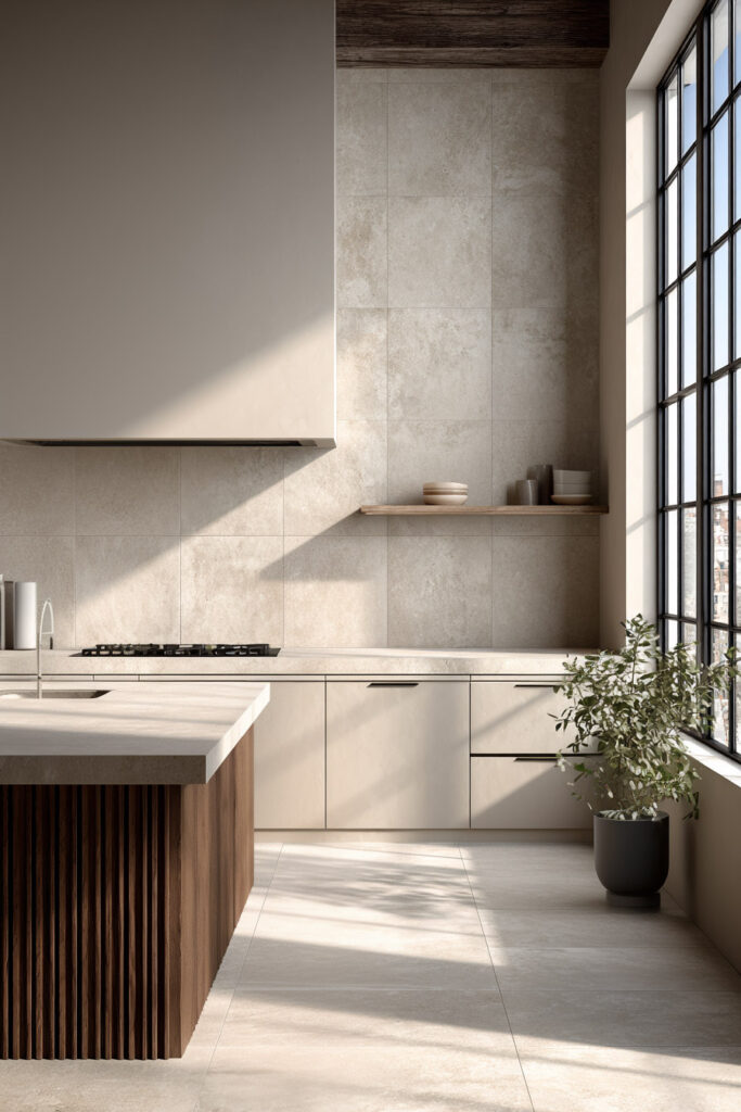 Minimal kitchen with neutral backsplash tiles, light cabinetry, wood island, and sunlight through large window