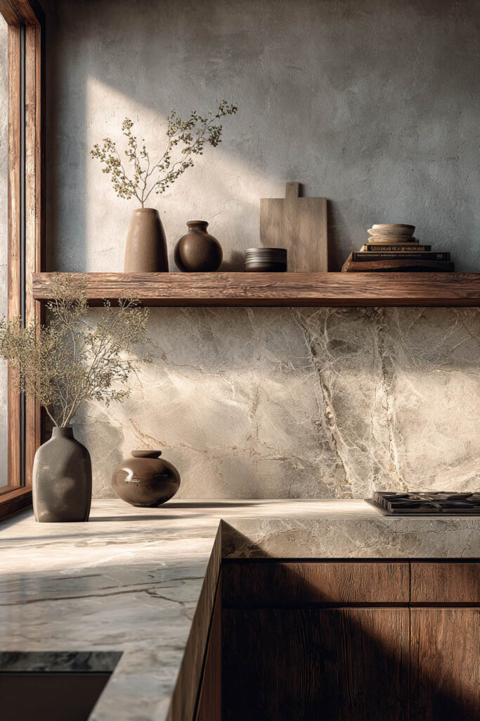  minimal stone backsplash with warm wood shelves and neutral styling in organic modern kitchen