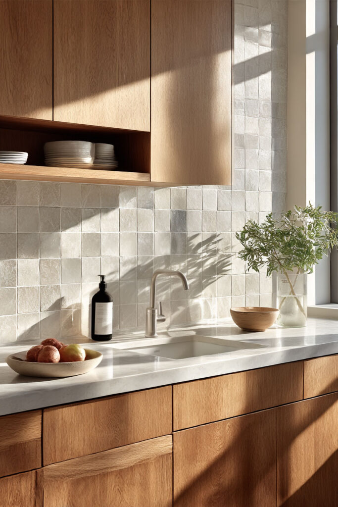 minimal tile kitchen backsplash with warm wood cabinets and marble countertop, organic modern kitchen with neutral tones and natural light