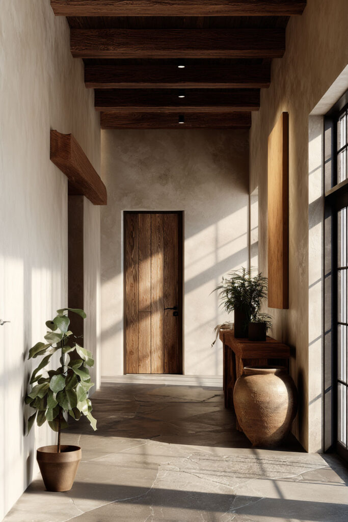 Organic modern entryway with natural stone flooring, wood ceiling beams, plaster walls, and earthy decor.