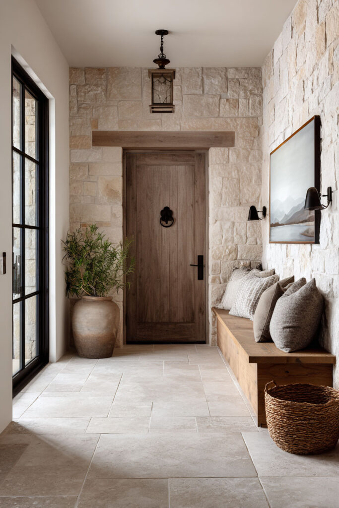 Organic modern entryway with stone walls, a wood front door, built-in wood bench, and natural decor.