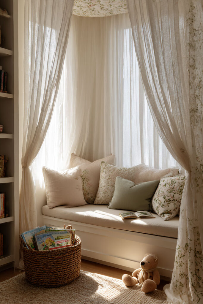nature inspired little girls bedroom window seat reading nook with soft floral pillows, canopy curtains, and basket of books