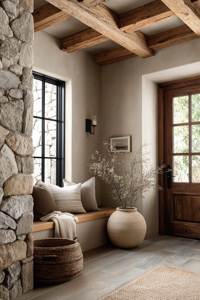 Organic modern entryway with natural stone wall, wood ceiling beams, built-in bench seating, and warm neutral decor.