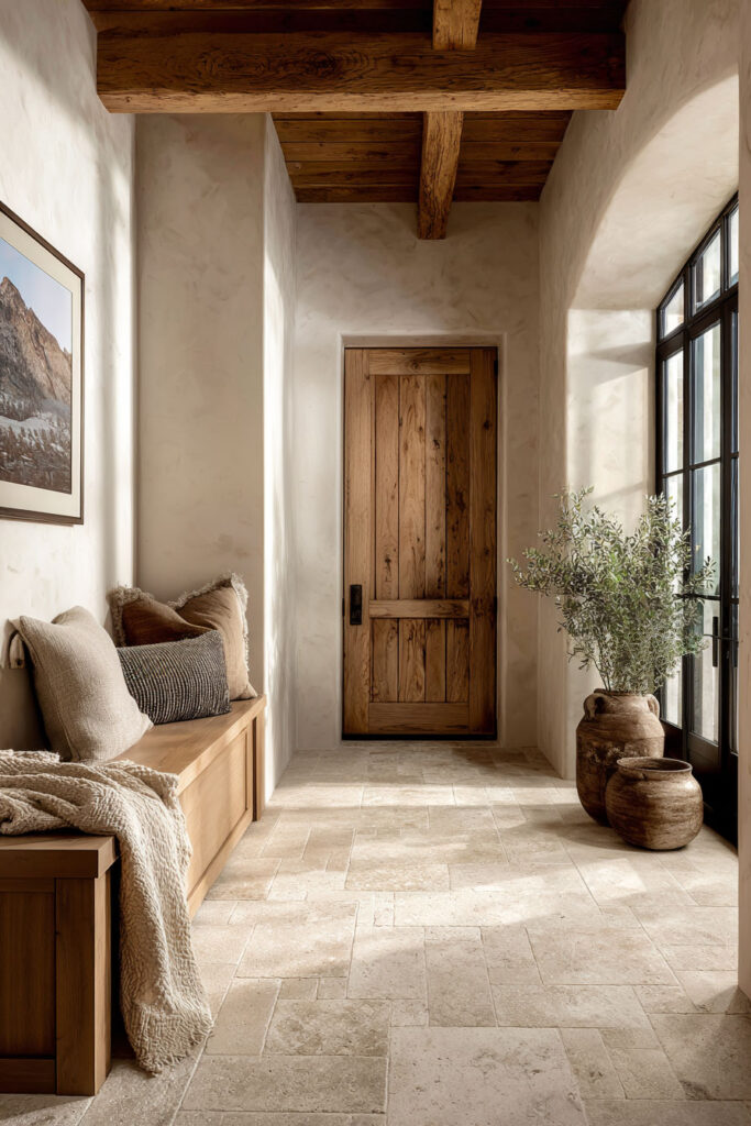 Organic modern entryway with wood door, stone tile floor, plaster walls, and neutral decor with wood bench and olive tree.