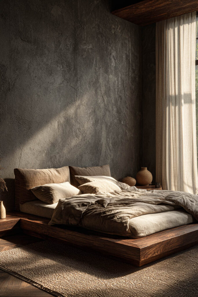Dark Japandi bedroom with low wood bed, textured plaster wall, neutral linen bedding, and soft window light