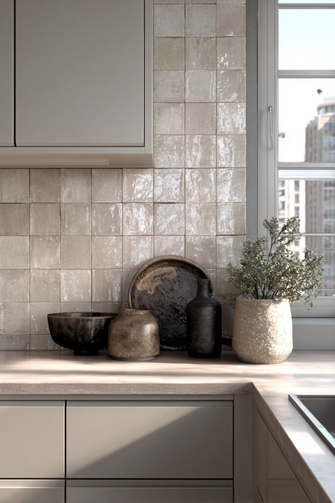handmade tile backsplash in neutral kitchen with soft texture and minimal styling