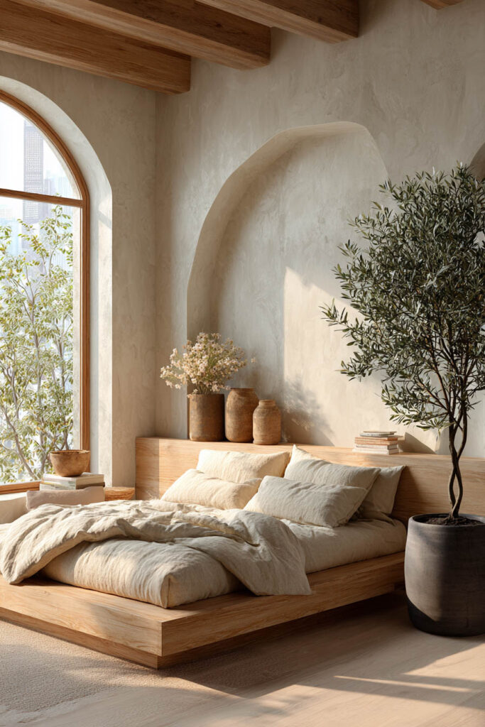Japandi bedroom with arched wall niche, light wood platform bed, olive tree, ceramic decor, and natural sunlight