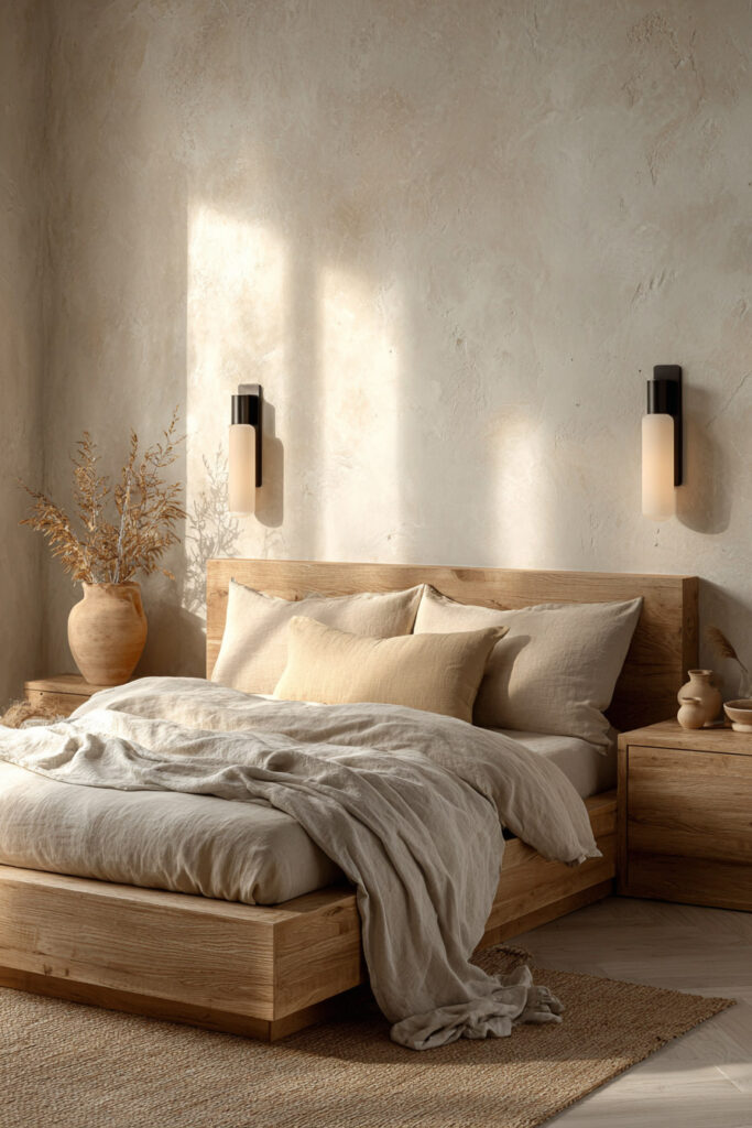 Japandi bedroom with wall sconces, light wood bed, neutral linen bedding, and textured plaster wall