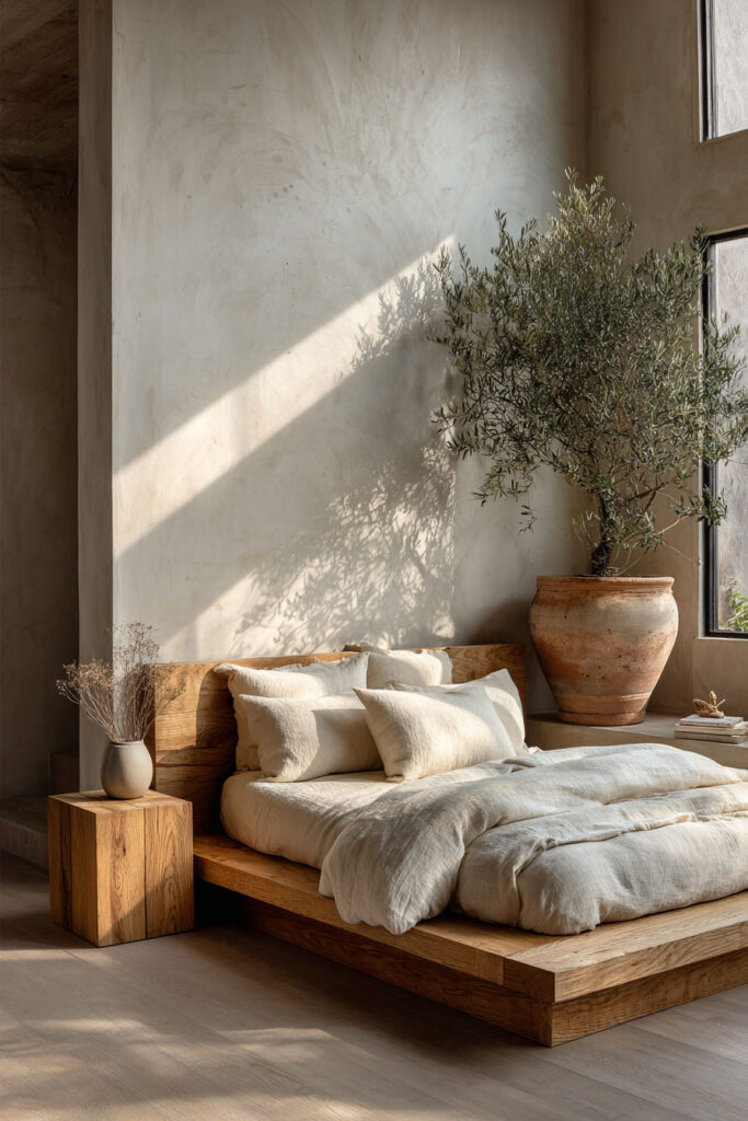 Japandi bedroom with light wood platform bed, neutral linen bedding, olive tree in ceramic pot, textured wall, and warm natural sunlight