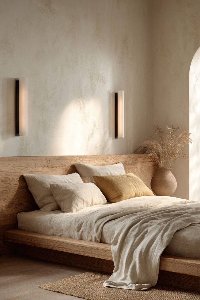 Japandi bedroom with wall sconces, light wood bed frame, neutral linen bedding, plaster wall, and soft ambient lighting