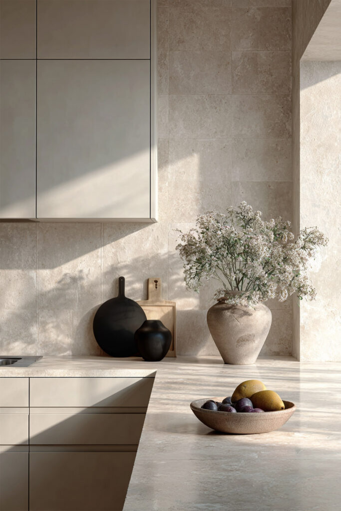 Minimal modern kitchen with neutral backsplash, light cabinetry, sunlight highlighting textured surfaces, and decorative vases on countertop