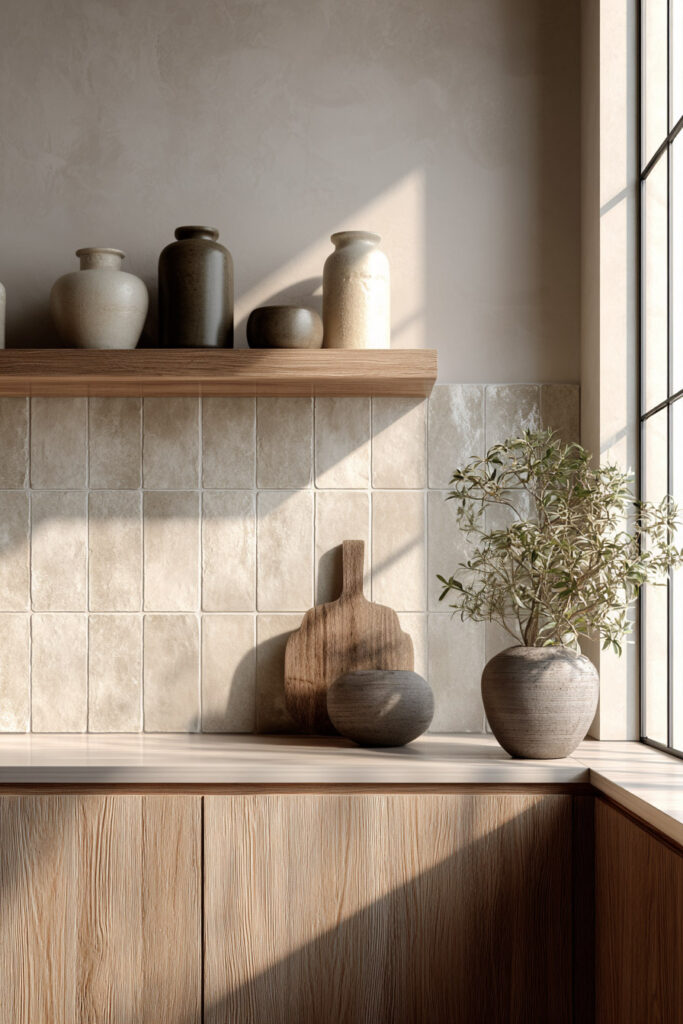 minimal neutral kitchen backsplash with square tiles, warm wood cabinets, and organic modern kitchen styling
