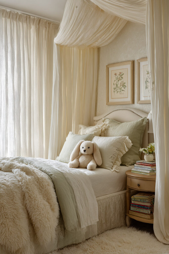 nature inspired little girls bedroom with soft green bedding, canopy bed, botanical wall art, and cozy textures