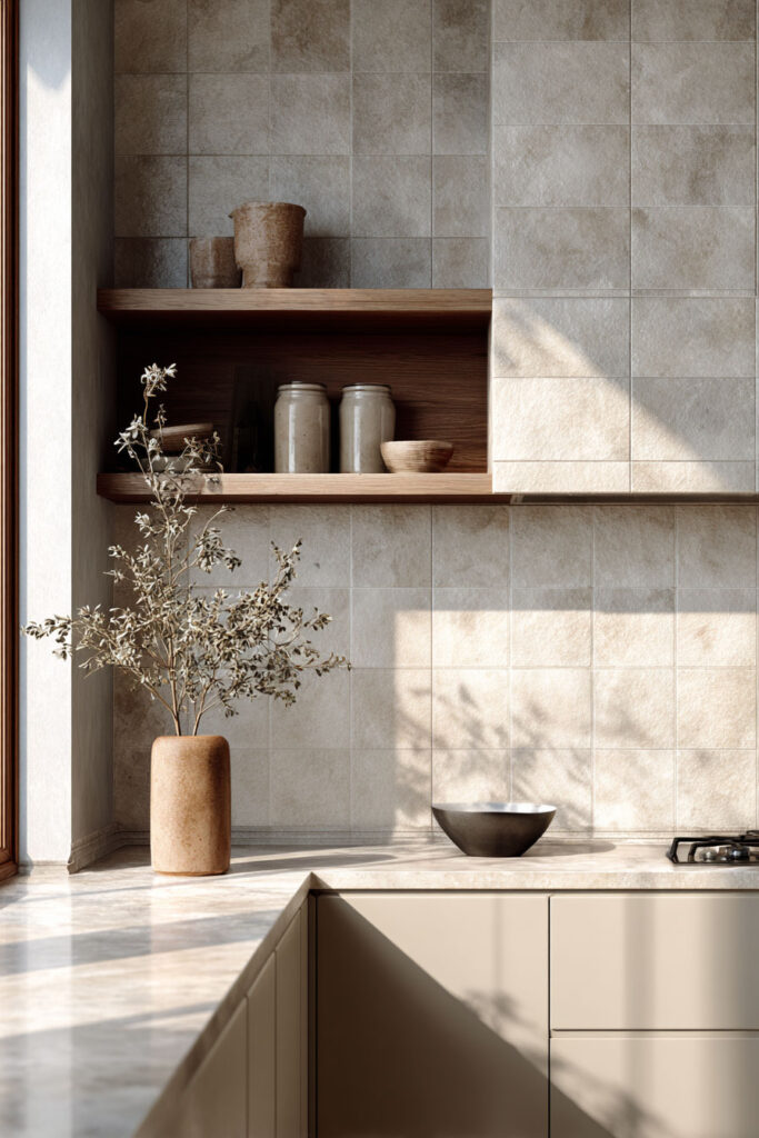 neutral tile kitchen backsplash with beige cabinets and wood shelving, minimal kitchen design with warm tones and natural textures