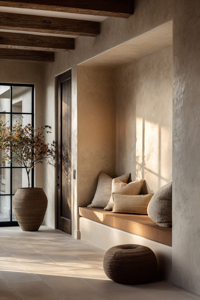Organic modern entryway with plaster walls, built-in wood bench, neutral pillows, and natural decor in soft sunlight.