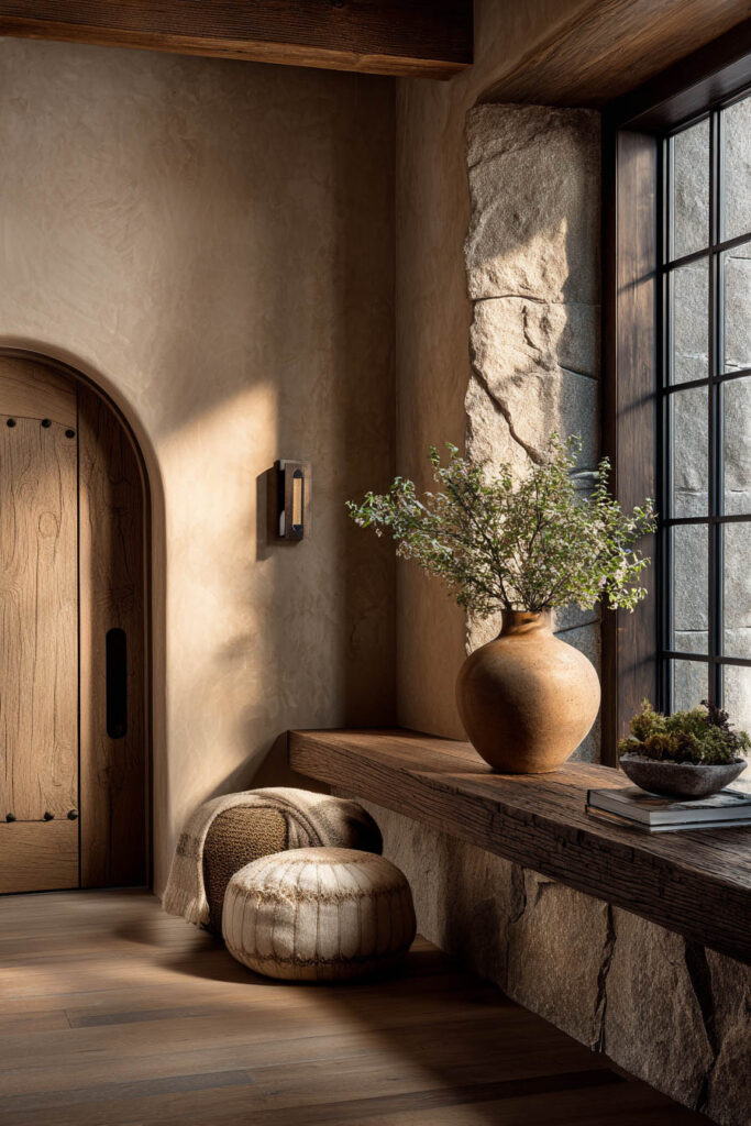 Organic modern entryway with plaster walls, stone console table, arched wood door, and warm neutral decor.
