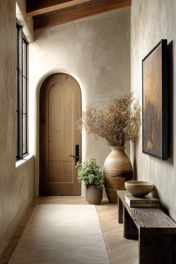 Organic modern hallway with arched wood door, plaster walls, earthy pottery, and neutral decor in a warm minimalist interior.