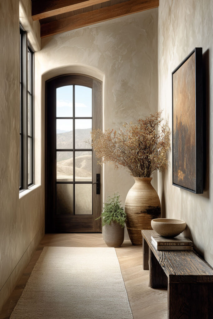 Organic modern hallway with plaster walls, wood beam ceiling, arched wood door, and natural pottery decor.