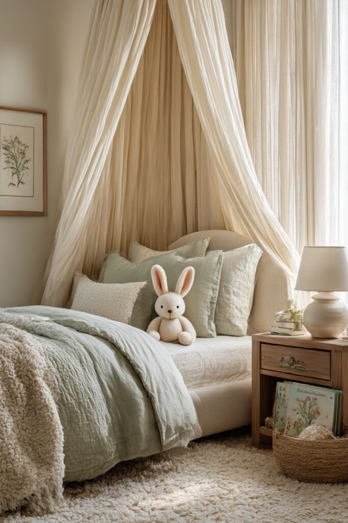 Little girls bedroom with sage green bedding, soft canopy bed, bunny plush toy, and wooden nightstand with books.