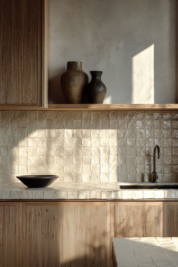 neutral tile backsplash kitchen with textured tiles warm wood cabinets and modern organic kitchen design with soft natural light