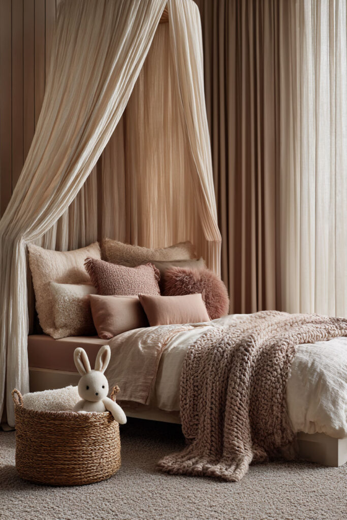 nature inspired little girls bedroom with canopy bed, earthy blush pillows, knit blanket, and cozy textures
