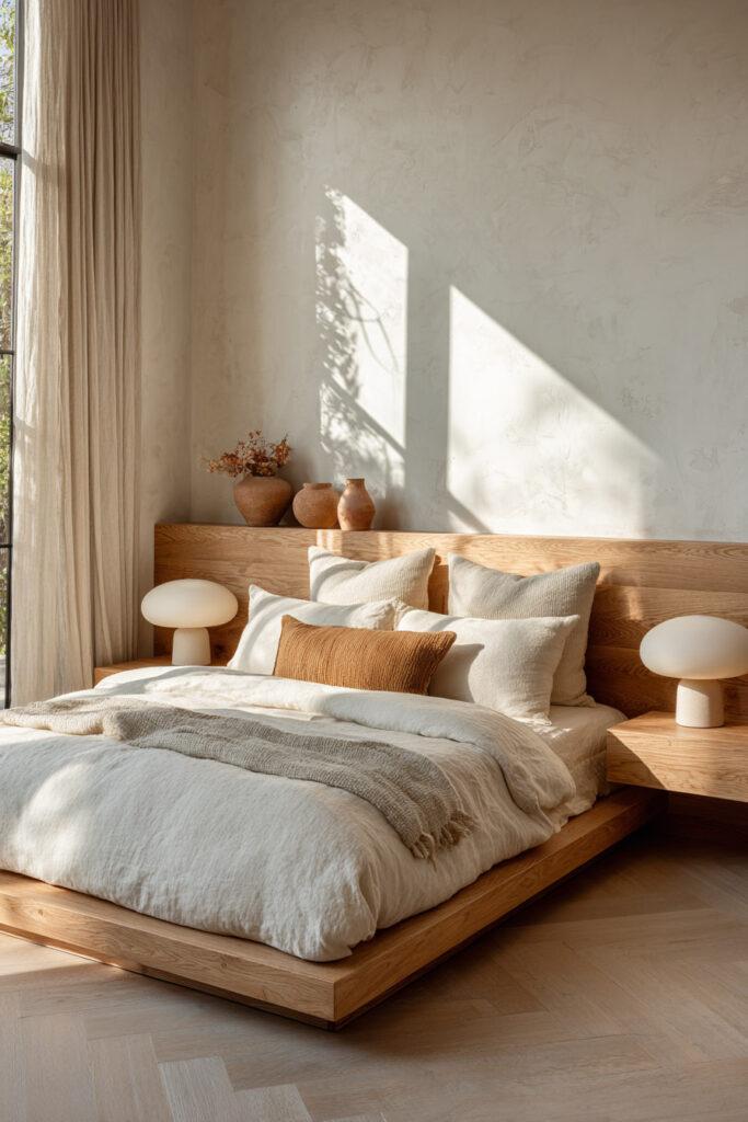 Japandi bedroom with mushroom table lamps, light wood platform bed, neutral linen bedding, plaster wall, and soft natural sunlight