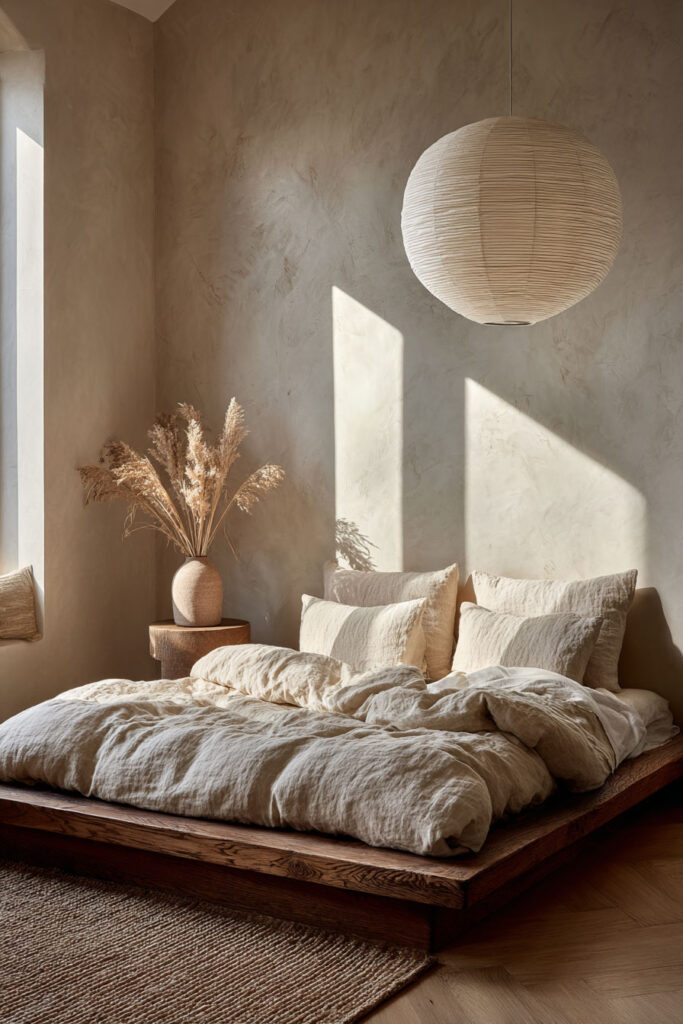Japandi bedroom with paper lantern pendant light, neutral linen bedding, plaster walls, and warm natural sunlight