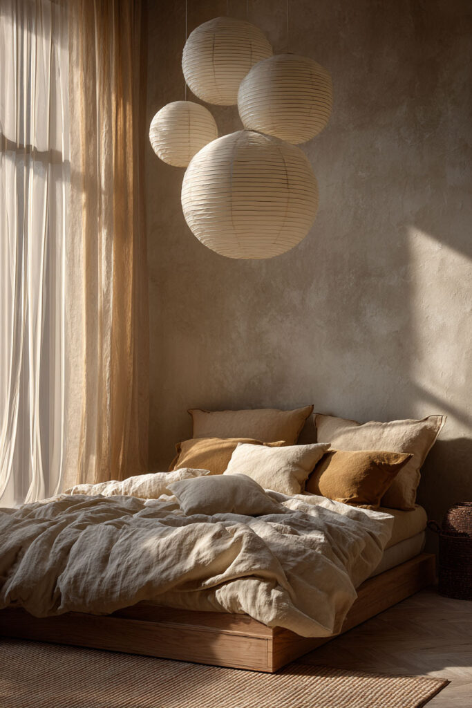 Japandi bedroom with paper lantern pendant lights, warm neutral bedding, soft linen curtains, and natural textures