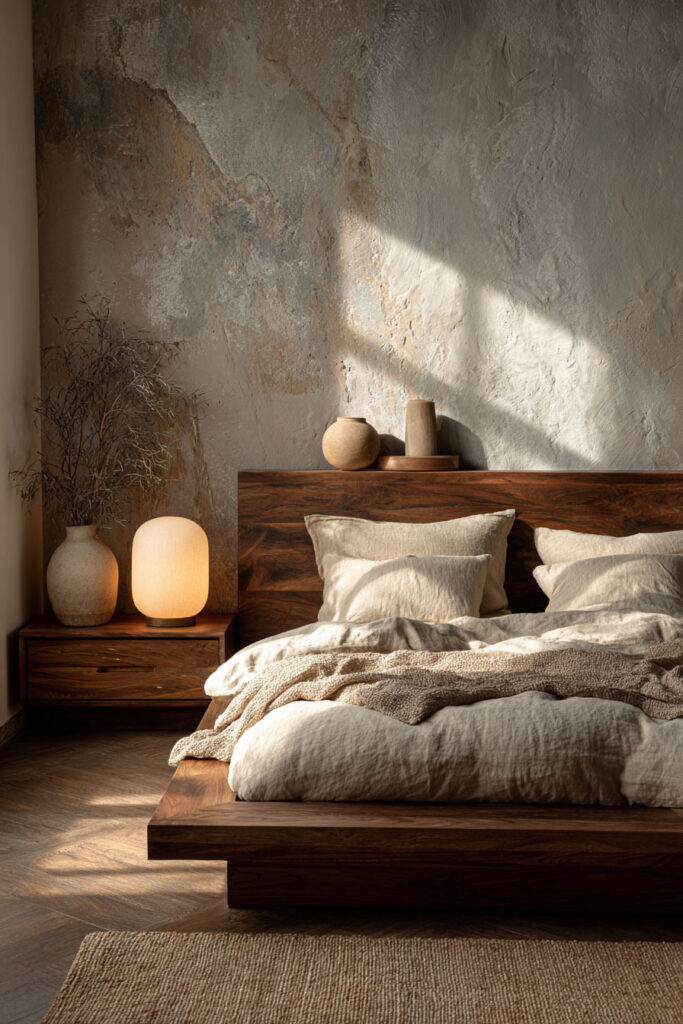 Japandi bedroom with dark wood platform bed, neutral linen bedding, textured plaster wall, and warm ambient table lighting