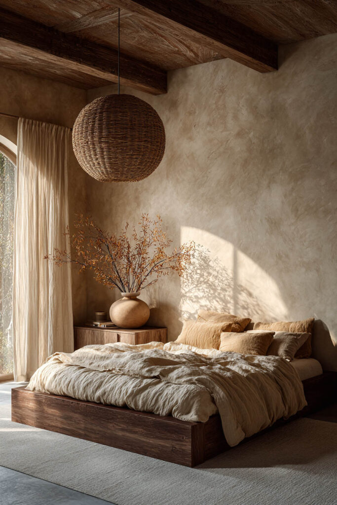 Japandi bedroom with woven pendant light, wood beams, neutral bedding, and soft natural sunlight