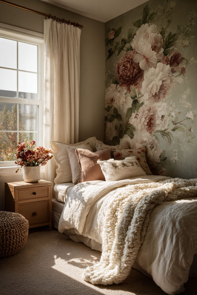 Little girls bedroom with large floral mural wallpaper, soft neutral bedding, wooden nightstand, and cozy textured blanket.
