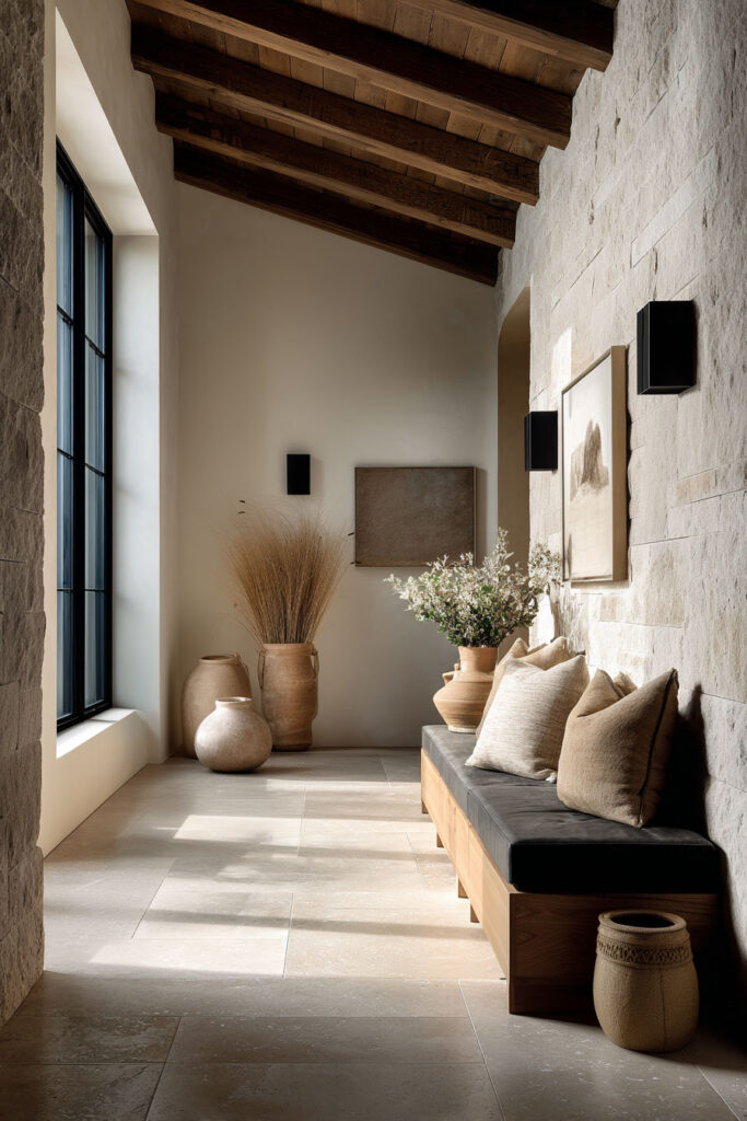 Organic modern hallway with natural stone walls, wood ceiling beams, and a bench styled with neutral pillows and pottery.