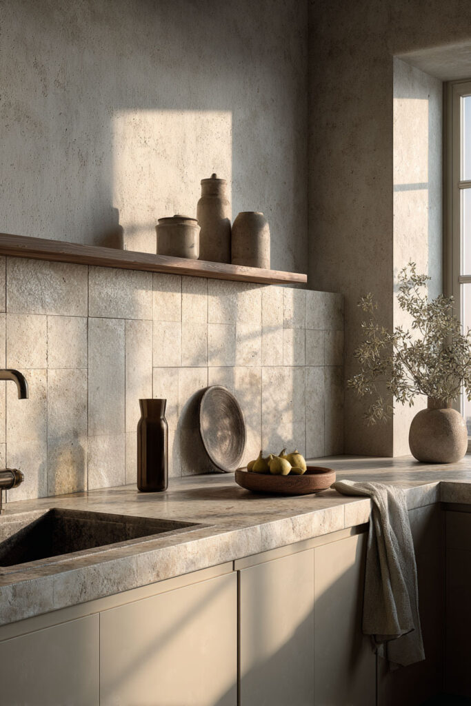 neutral tile backsplash with warm lighting and simple styling in organic modern kitchen