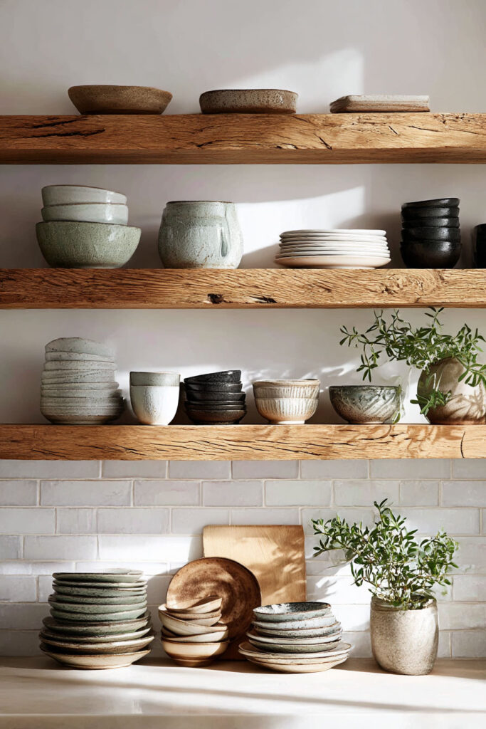 Modern kitchen with rustic open wooden shelves displaying stacked ceramic bowls, plates, and potted greenery, sunlight casting soft shadows