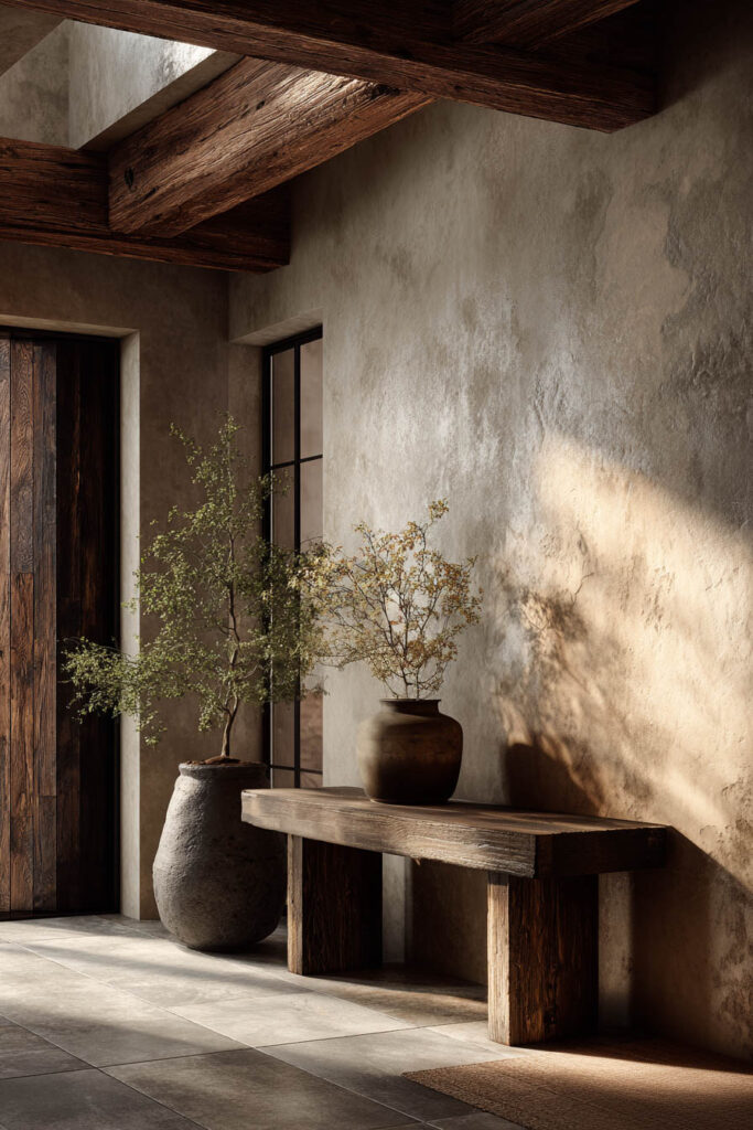 Organic modern hallway with rustic wood console table, textured plaster walls, natural pottery, and warm wood ceiling beams.