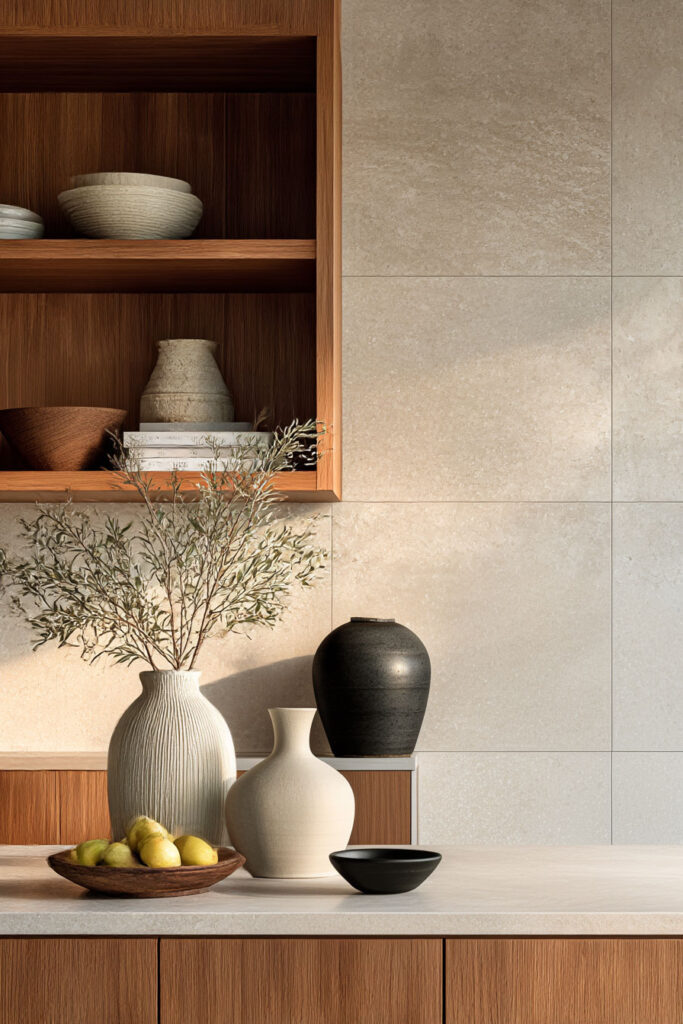 Organic modern kitchen styling with stone tile backsplash, wood open shelves, and neutral ceramic vases.