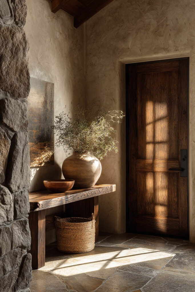 Organic modern entryway with stone wall, rustic wood console table, clay pottery, and warm natural sunlight.