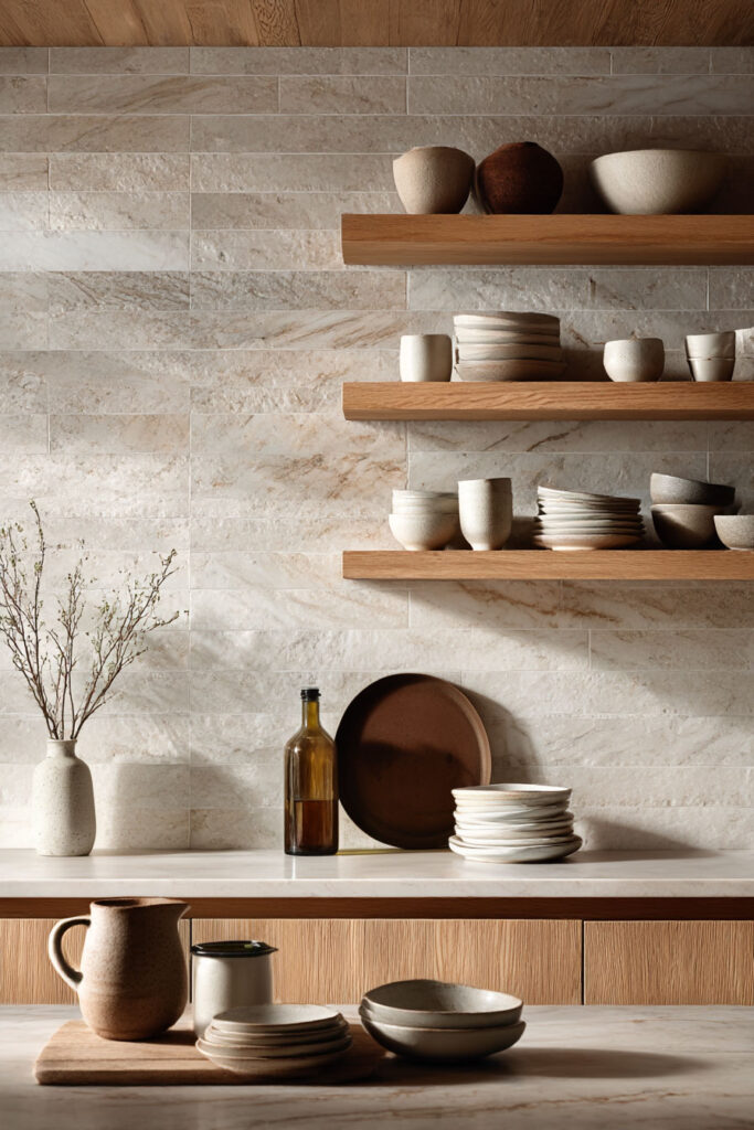 stone tile kitchen backsplash with open wood shelves and neutral ceramics modern organic kitchen with warm natural textures