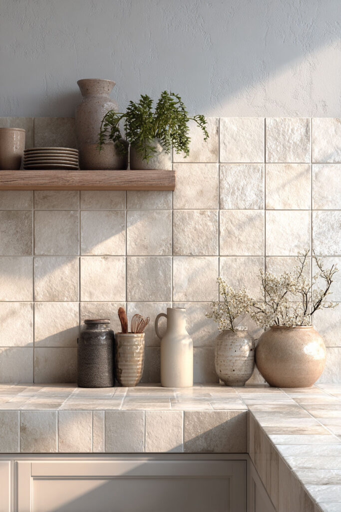 textured tile kitchen backsplash with neutral tones and simple decor styling, minimal kitchen design with warm earthy palette