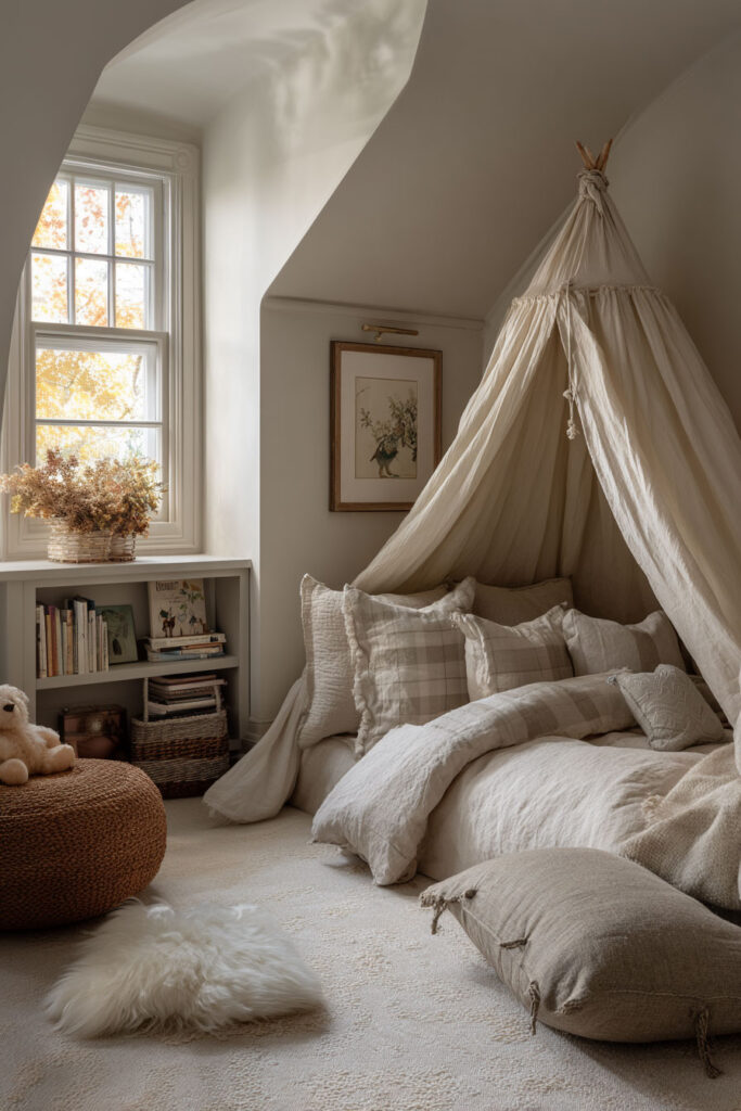 nature inspired little girls bedroom with canopy floor bed, neutral pillows, cozy reading nook, and soft natural light