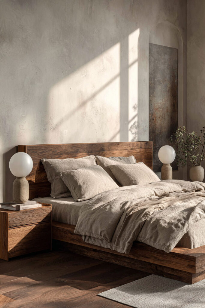 Japandi bedroom with wood bed frame, neutral linen bedding, bedside table lamps, and warm natural sunlight