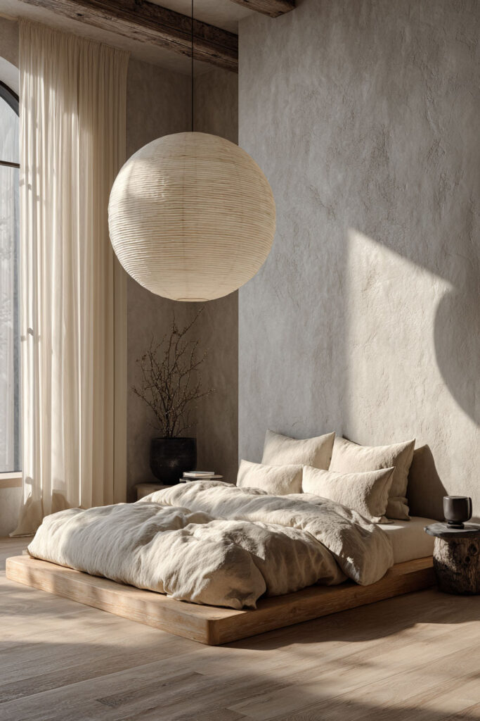 Japandi bedroom with large paper lantern pendant light, light wood platform bed, neutral linen bedding, and textured plaster wall
