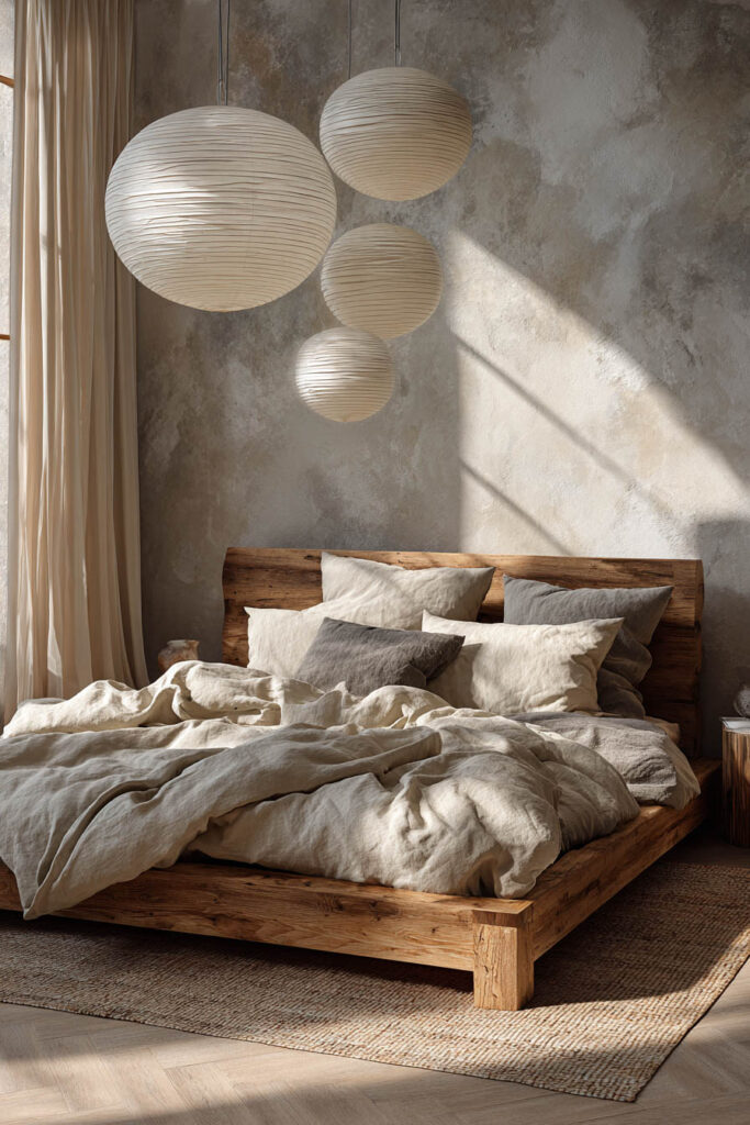 Japandi bedroom with paper lantern pendant lights, wooden bed frame, neutral linen bedding, and soft natural light