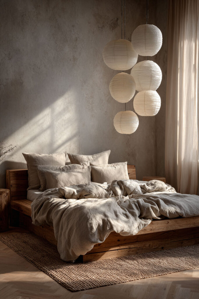 Japandi bedroom with paper lantern pendant lights, wood platform bed, neutral linen bedding, plaster wall, and warm ambient lighting