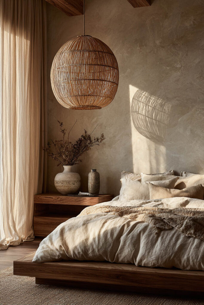 Japandi bedroom with woven pendant light, neutral linen bedding, wood platform bed, textured wall, and soft natural sunlight