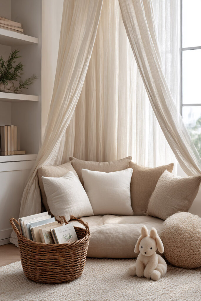 Little girls bedroom floor reading nook with soft cushions, canopy drapes, woven basket of books, and plush bunny toy.