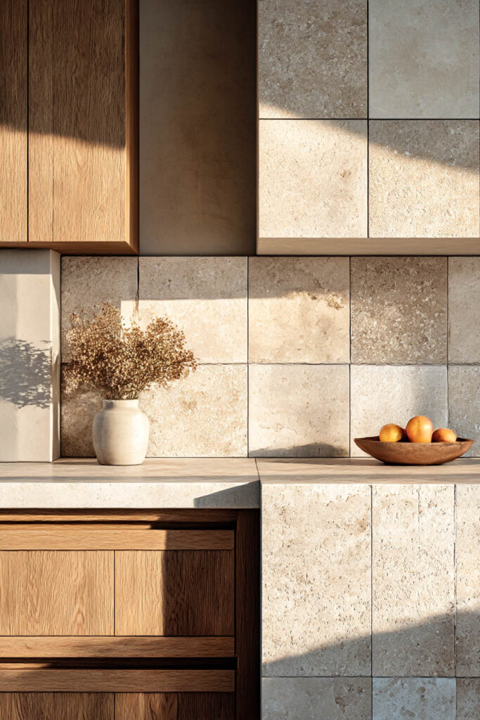 Organic modern kitchen with natural stone tile backsplash, wood cabinetry, and warm neutral textures.